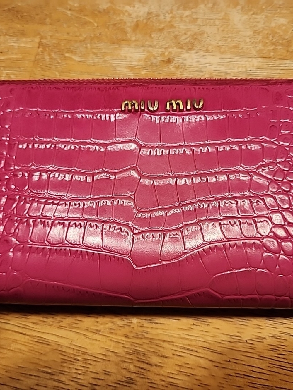 Miu Miu Croc-Embossed Hot Pink Leather Wallet with Gold Logo
